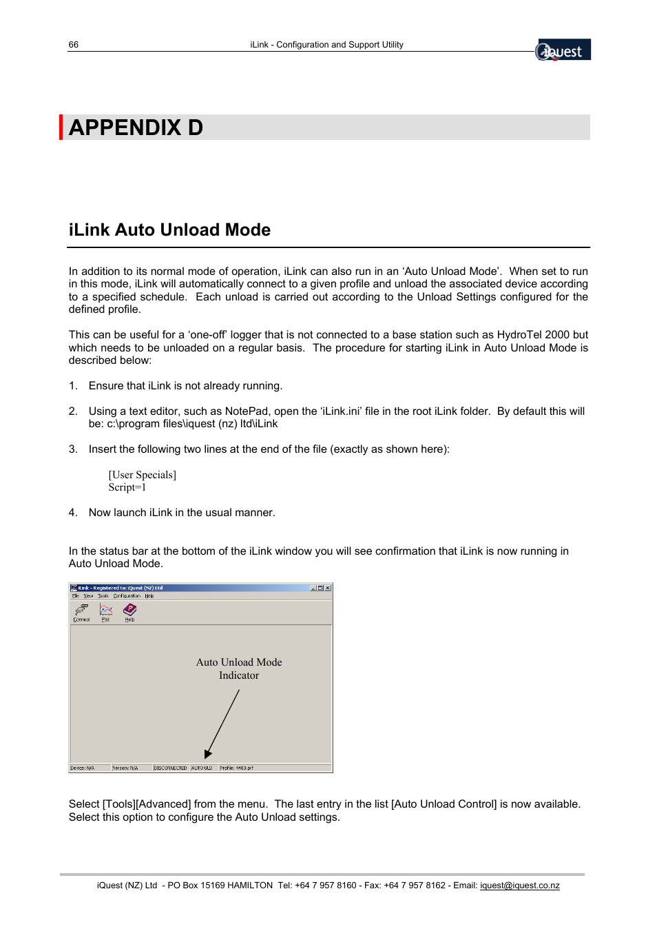 Appendix d, Ilink auto unload mode | Xylem SDI-12 Data Logger iLink User Manual | Page 66 / 69