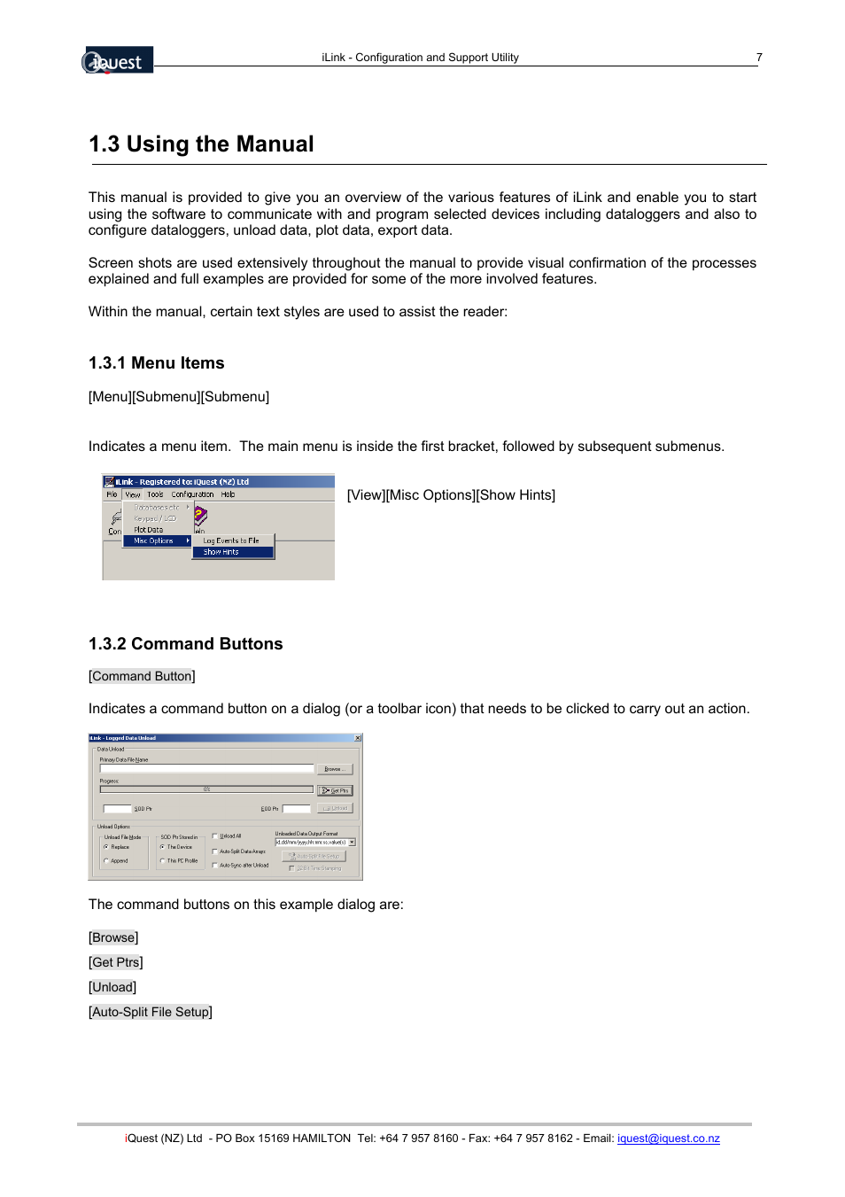 3 using the manual, 1 menu items, 2 command buttons | Xylem SDI-12 Data Logger iLink User Manual | Page 7 / 69
