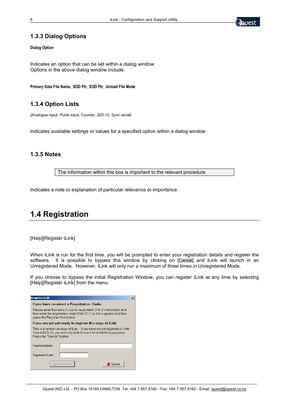 3 dialog options, 4 option lists, 5 notes | 4 registration | Xylem SDI-12 Data Logger iLink User Manual | Page 8 / 69