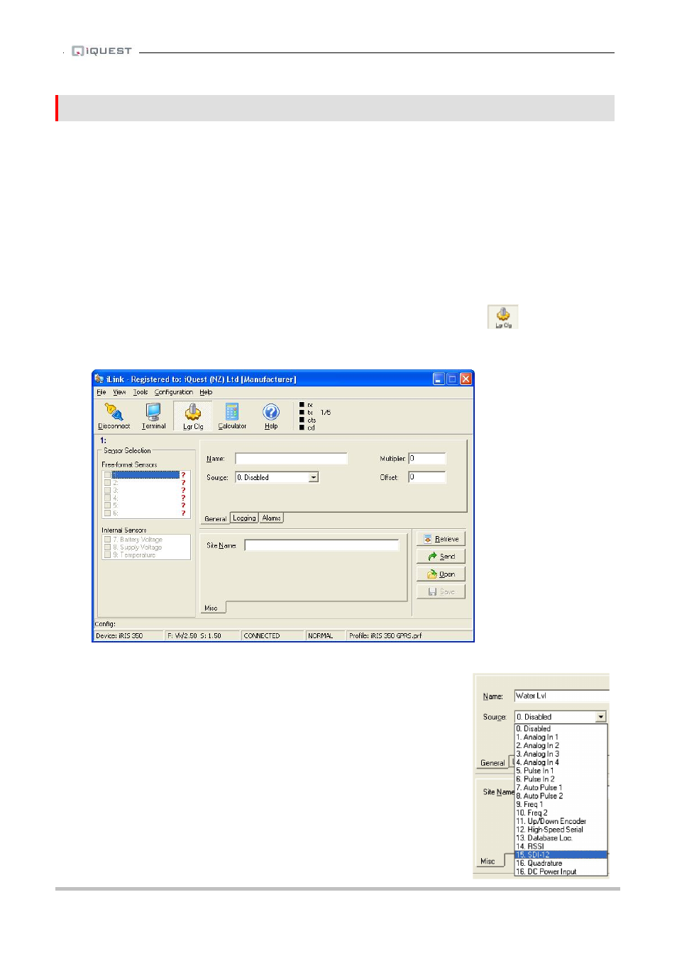 7 using ilink’s sensor configuration tool, 1 iris sensor configuration example | Xylem SDI-12 Data Logger iRIS 220, iRIS 320, iRIS 350, iRIS 150, iRIS 300 User Manual | Page 68 / 111