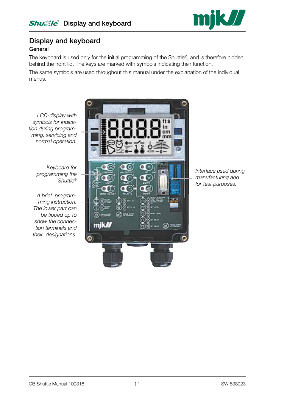 Display and keyboard | MJK Automation Shuttle Ultrasonic Level Transmitter and Sensor User Manual | Page 11 / 70