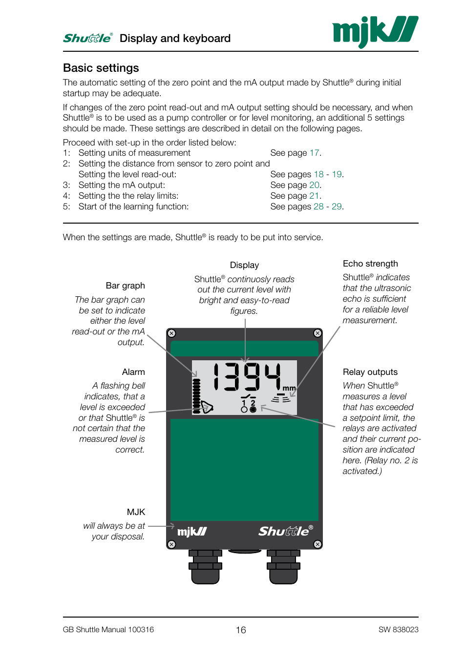 Basic settings, Display and keyboard | MJK Automation Shuttle Ultrasonic Level Transmitter and Sensor User Manual | Page 16 / 70