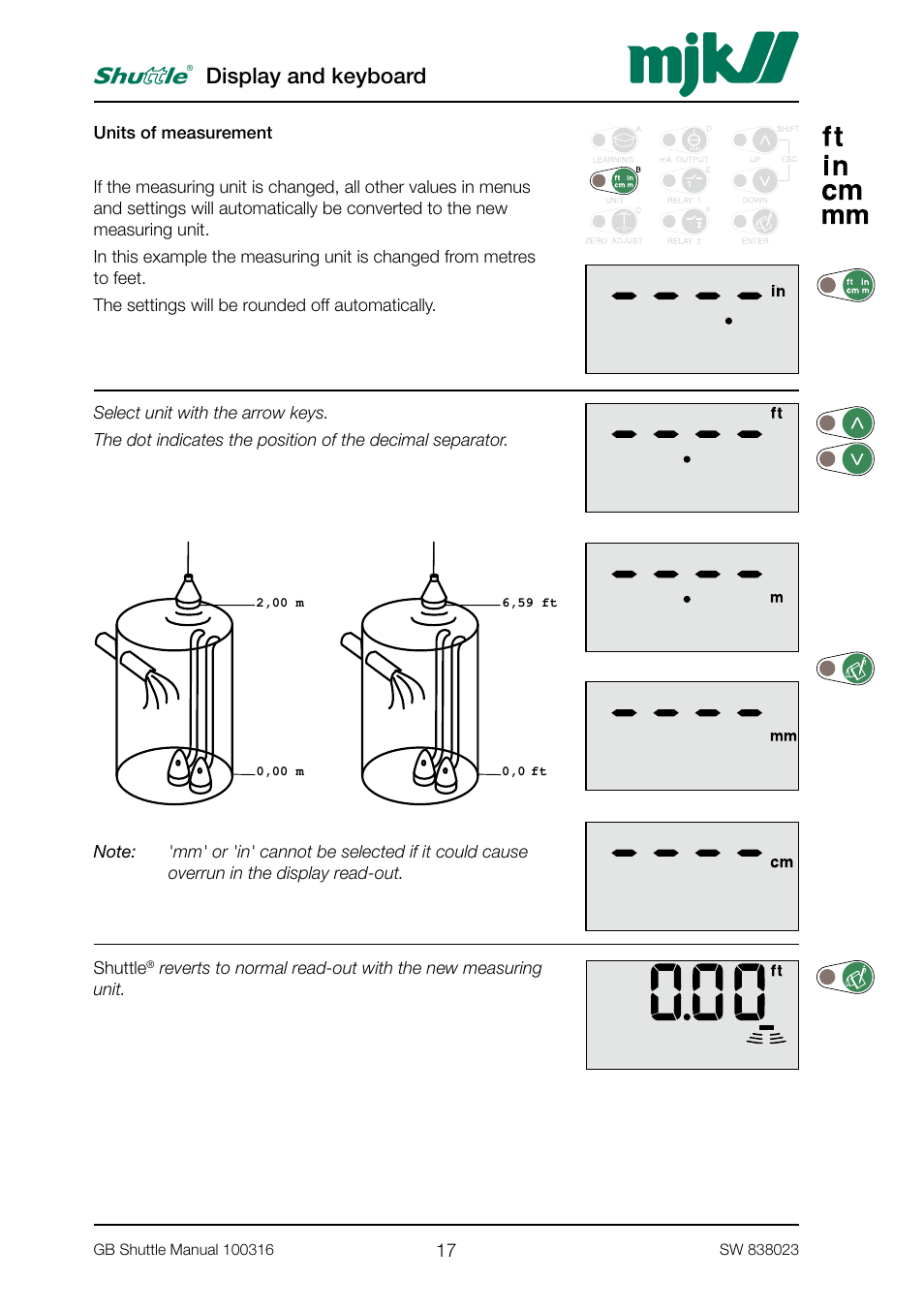Display and keyboard | MJK Automation Shuttle Ultrasonic Level Transmitter and Sensor User Manual | Page 17 / 70