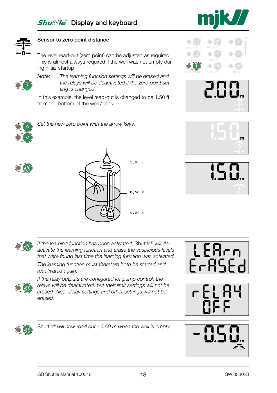 Display and keyboard | MJK Automation Shuttle Ultrasonic Level Transmitter and Sensor User Manual | Page 18 / 70