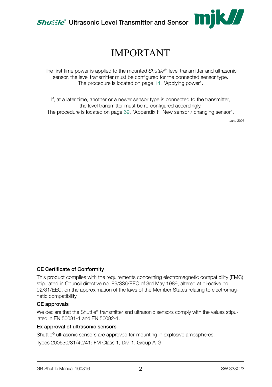 Important, Ultrasonic level transmitter and sensor | MJK Automation Shuttle Ultrasonic Level Transmitter and Sensor User Manual | Page 2 / 70
