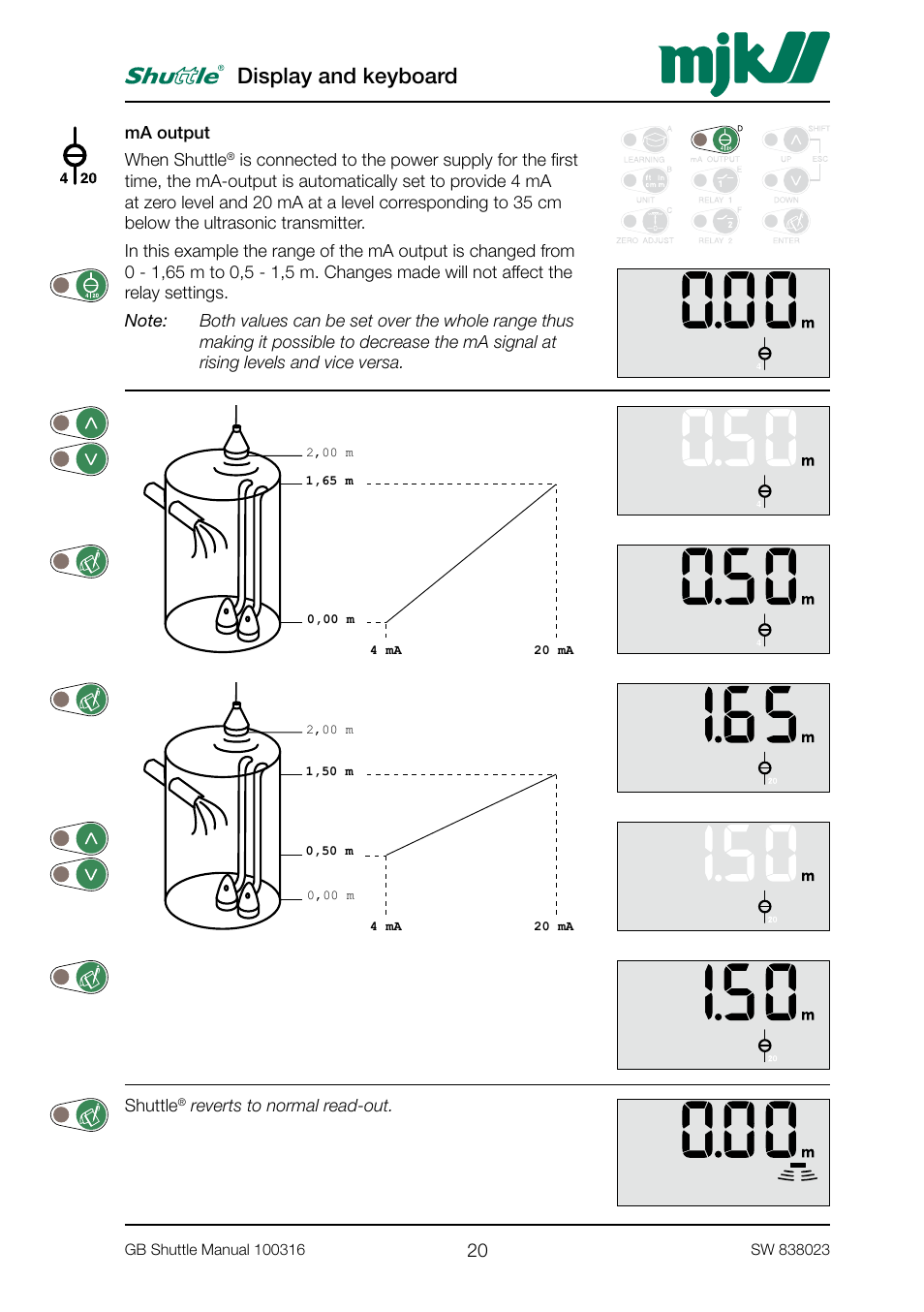 Display and keyboard | MJK Automation Shuttle Ultrasonic Level Transmitter and Sensor User Manual | Page 20 / 70