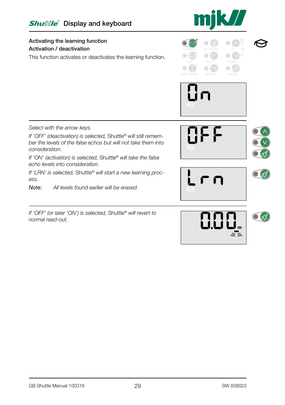 Display and keyboard | MJK Automation Shuttle Ultrasonic Level Transmitter and Sensor User Manual | Page 29 / 70