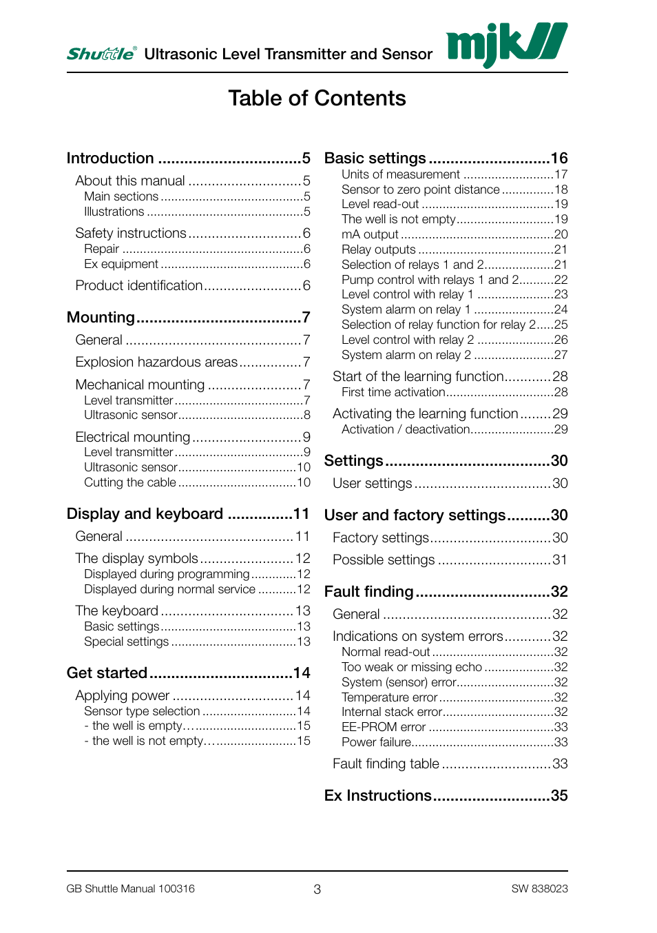 MJK Automation Shuttle Ultrasonic Level Transmitter and Sensor User Manual | Page 3 / 70