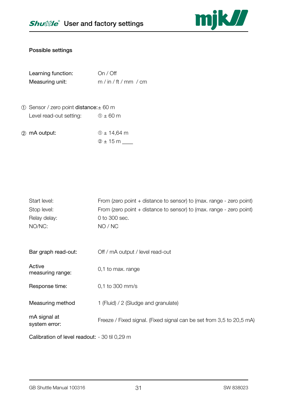 User and factory settings | MJK Automation Shuttle Ultrasonic Level Transmitter and Sensor User Manual | Page 31 / 70