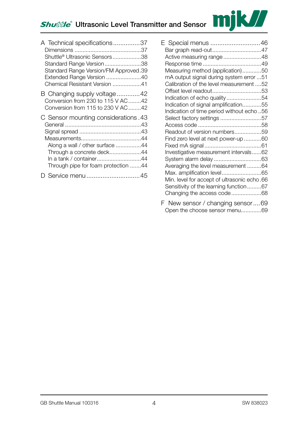 Ultrasonic level transmitter and sensor | MJK Automation Shuttle Ultrasonic Level Transmitter and Sensor User Manual | Page 4 / 70