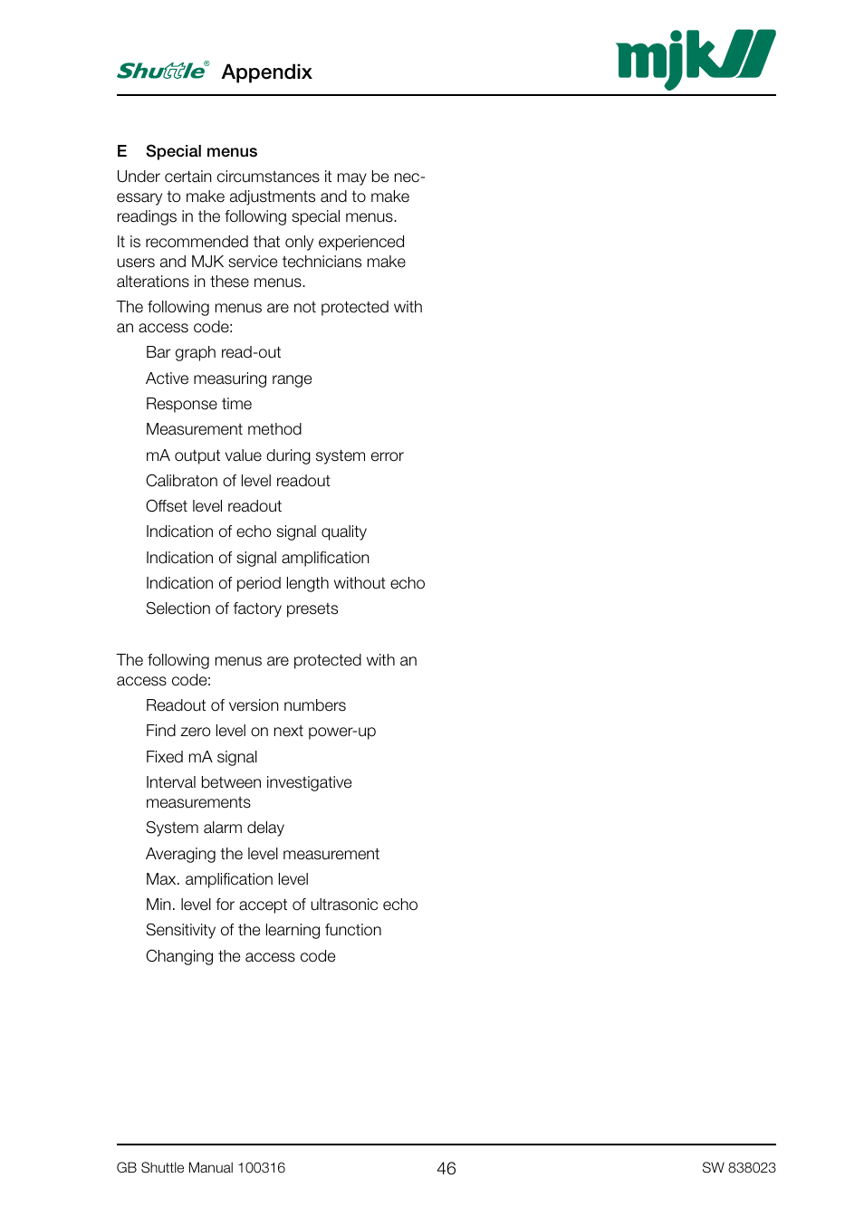 Appendix | MJK Automation Shuttle Ultrasonic Level Transmitter and Sensor User Manual | Page 46 / 70