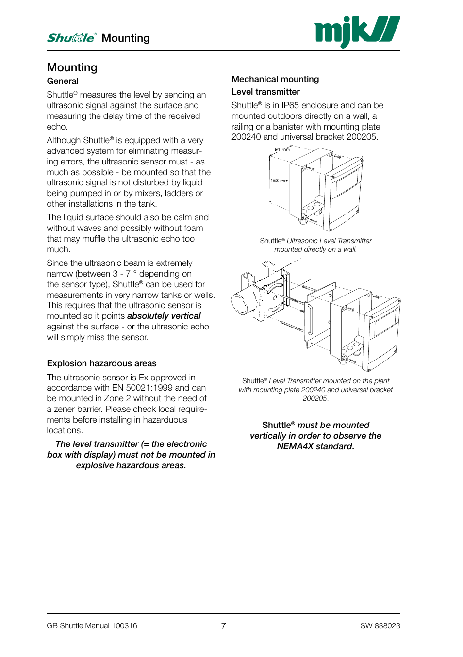Mounting | MJK Automation Shuttle Ultrasonic Level Transmitter and Sensor User Manual | Page 7 / 70