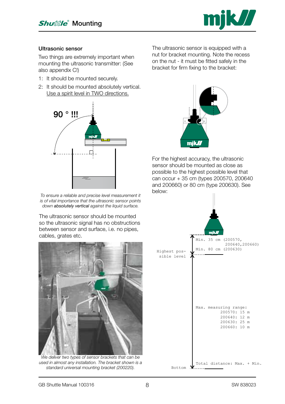 Mounting | MJK Automation Shuttle Ultrasonic Level Transmitter and Sensor User Manual | Page 8 / 70