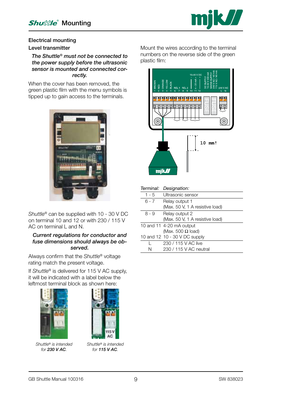 Mounting | MJK Automation Shuttle Ultrasonic Level Transmitter and Sensor User Manual | Page 9 / 70
