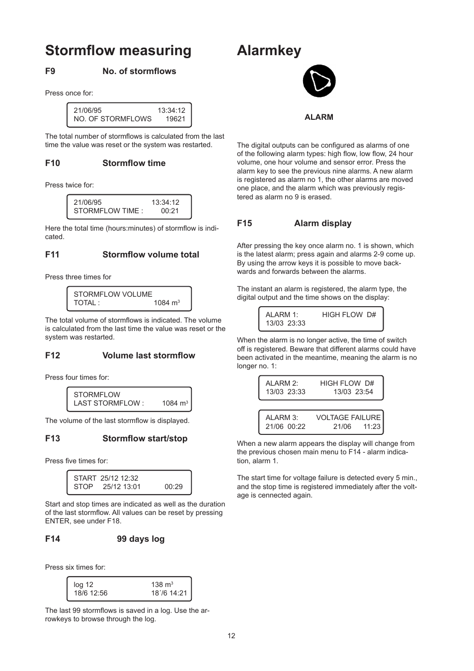 Alarmkey, Stormflow measuring | Xylem Flow Converter 713 User Manual | Page 12 / 20