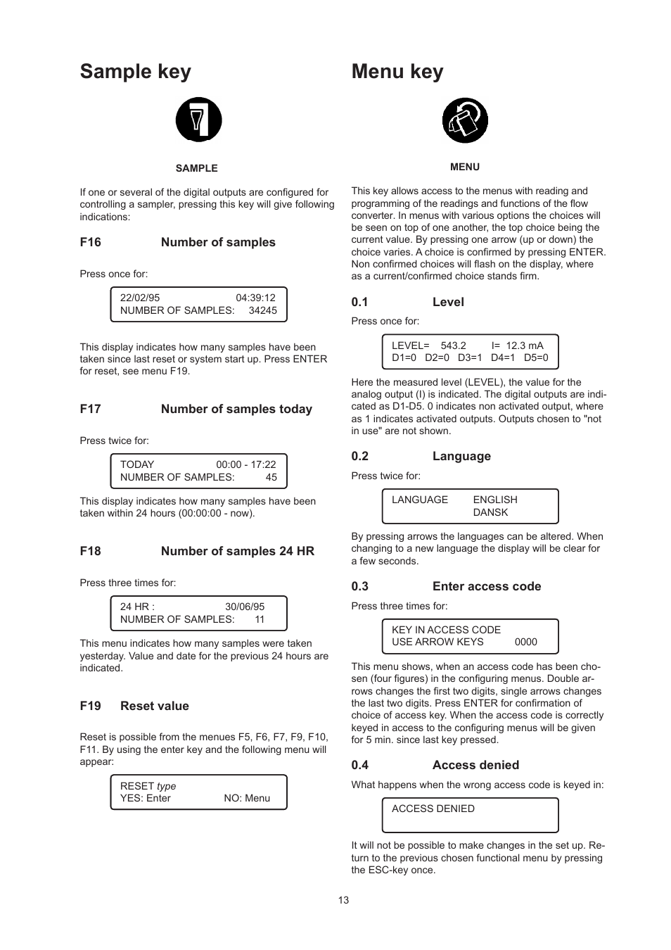 Sample key, Menu key | Xylem Flow Converter 713 User Manual | Page 13 / 20