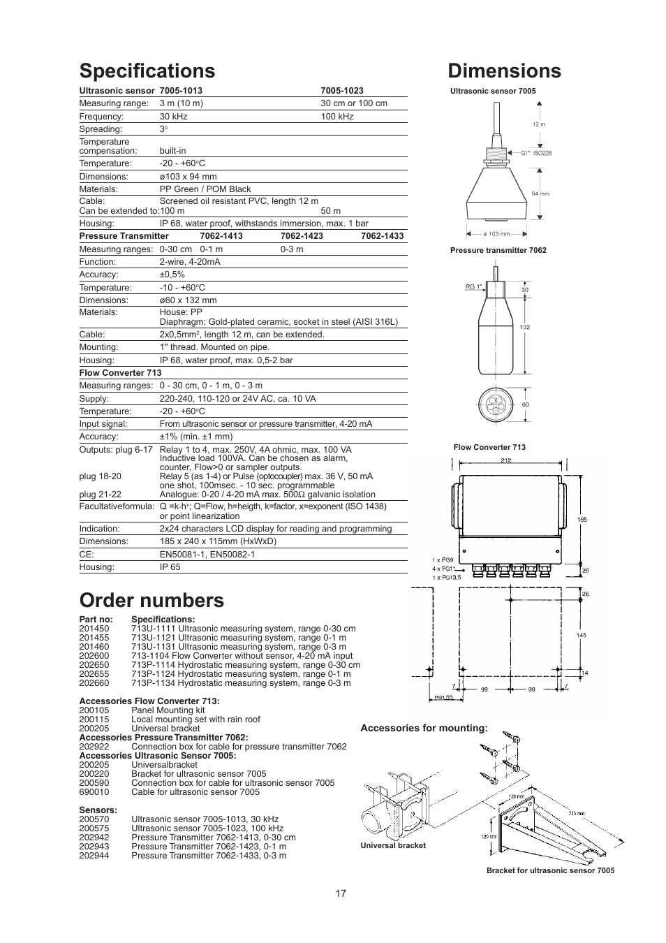 Dimensions, Specifications, Order numbers | Xylem Flow Converter 713 User Manual | Page 17 / 20