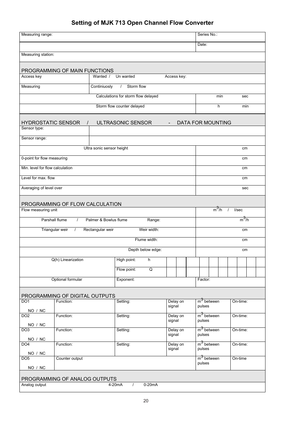 Setting of mjk 713 open channel flow converter, Programming of main functions, Programming of flow calculation | Programming of digital outputs, Programming of analog outputs | Xylem Flow Converter 713 User Manual | Page 20 / 20