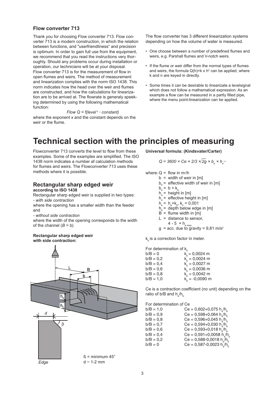 Rectangular sharp edged weir, Flow converter 713 | Xylem Flow Converter 713 User Manual | Page 3 / 20