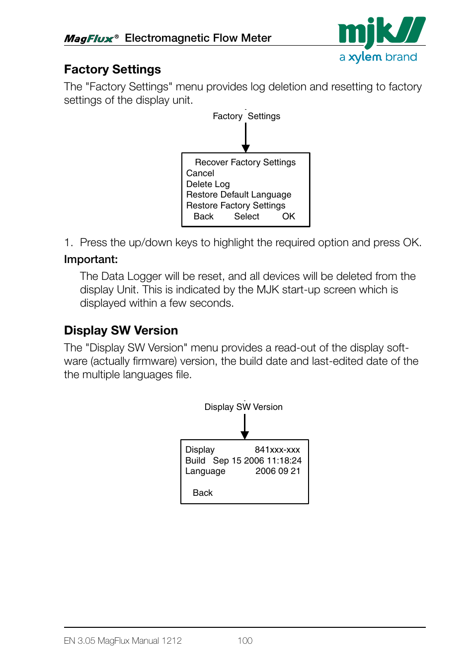 Factory settings display sw version, Factory settings, Display sw version | Xylem Magflux Electromagnetic Flow Meter User Manual | Page 100 / 150