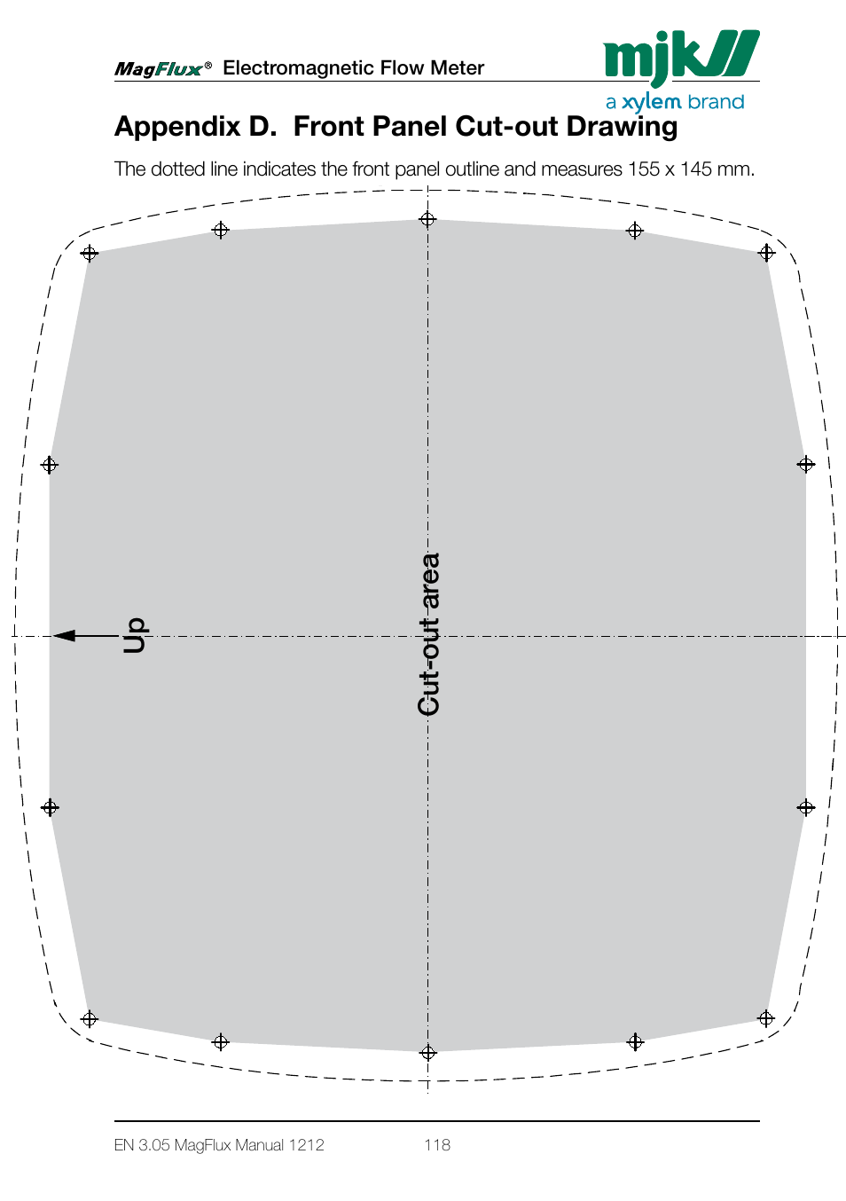 Appendix d. front panel cut-out drawing, Cut-out ar ea frontpanel outline up | Xylem Magflux Electromagnetic Flow Meter User Manual | Page 118 / 150