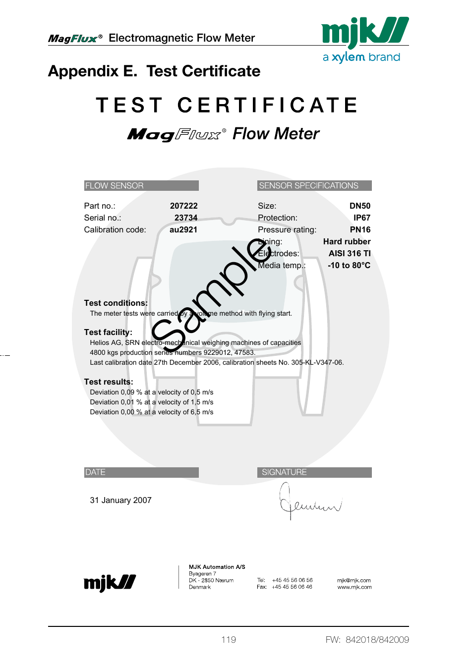 Appendix e. test certificate, Sample, Appendix d. front panel cut-out drawing | Cut-out ar ea frontpanel outline up | Xylem Magflux Electromagnetic Flow Meter User Manual | Page 119 / 150