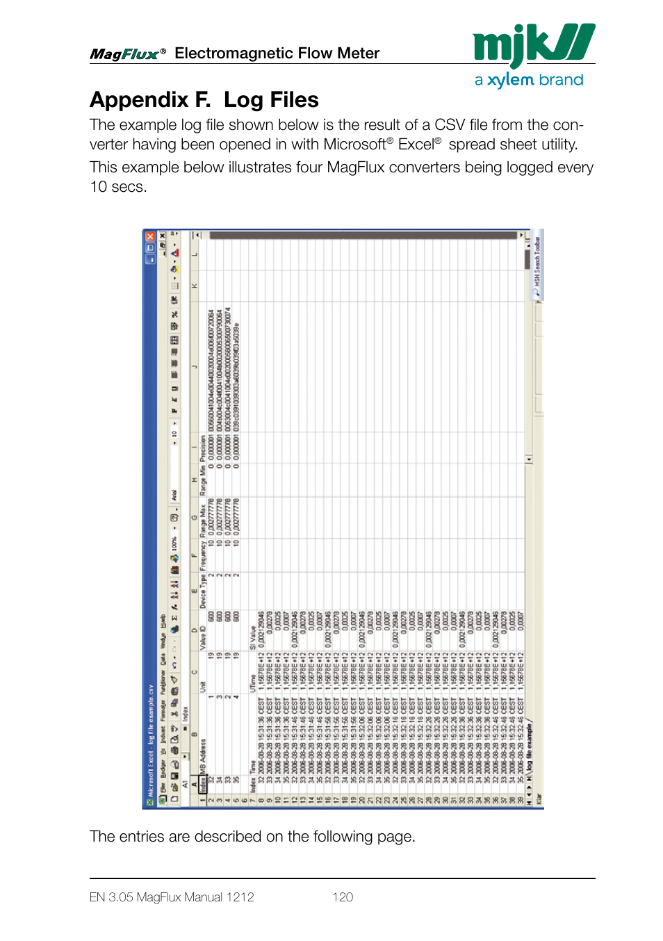 Appendix f. log files | Xylem Magflux Electromagnetic Flow Meter User Manual | Page 120 / 150