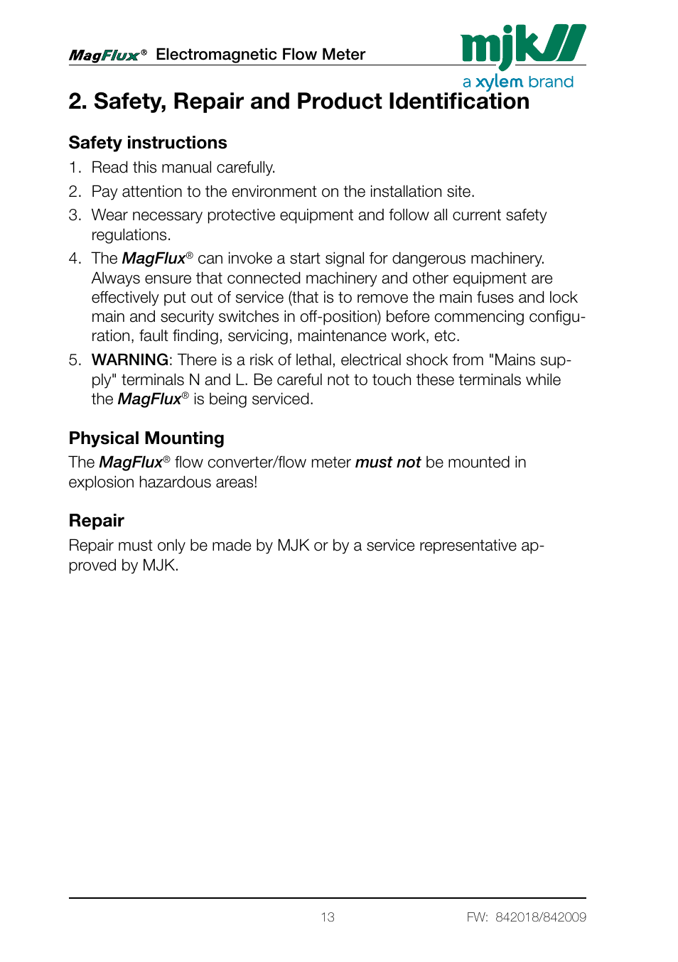 Safety, repair and product identification, Safety instructions physical mounting repair | Xylem Magflux Electromagnetic Flow Meter User Manual | Page 13 / 150