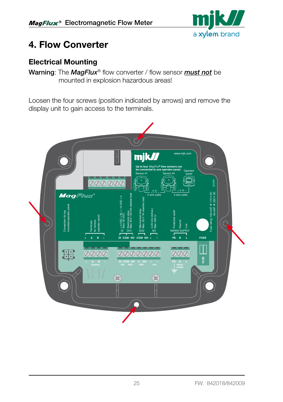Flow converter, Electrical mounting, Electromagnetic flow meter | Warning: the magflux | Xylem Magflux Electromagnetic Flow Meter User Manual | Page 25 / 150
