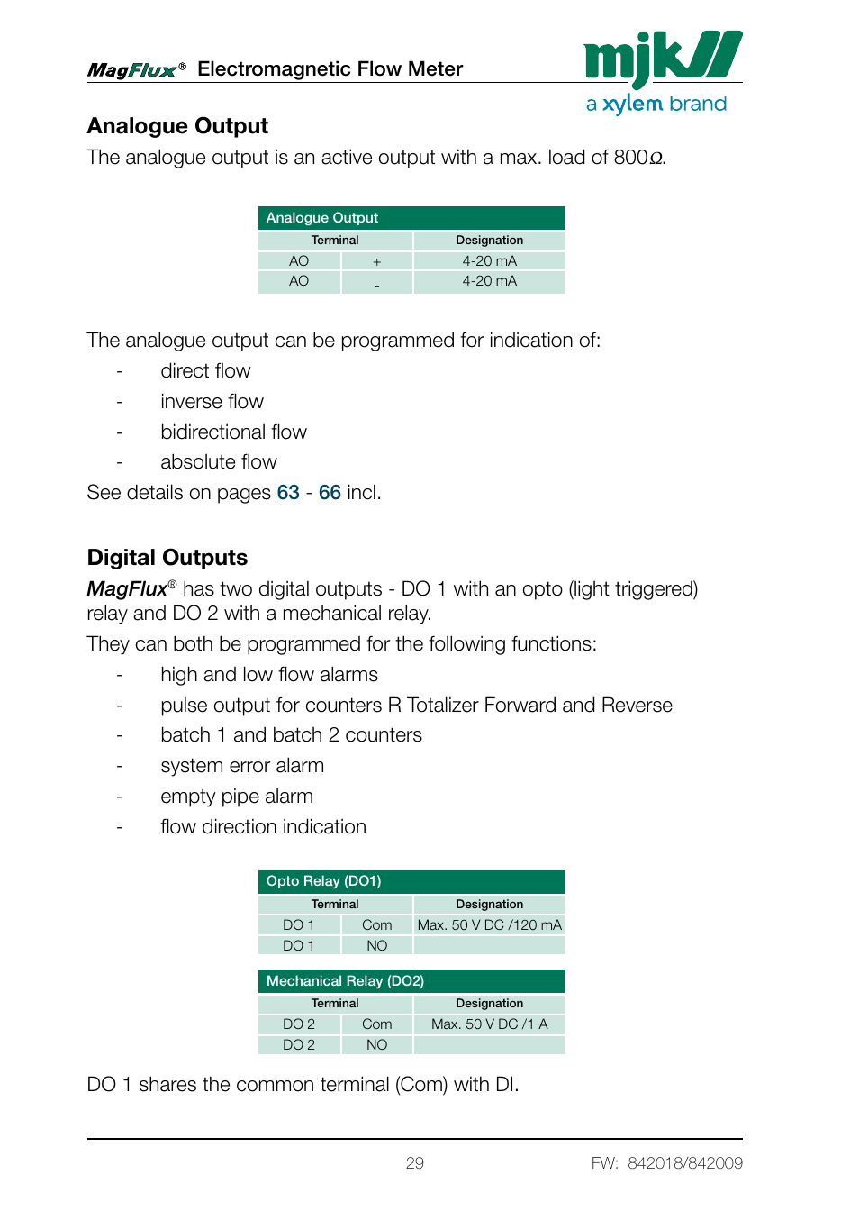 Analogue output, Digital outputs | Xylem Magflux Electromagnetic Flow Meter User Manual | Page 29 / 150
