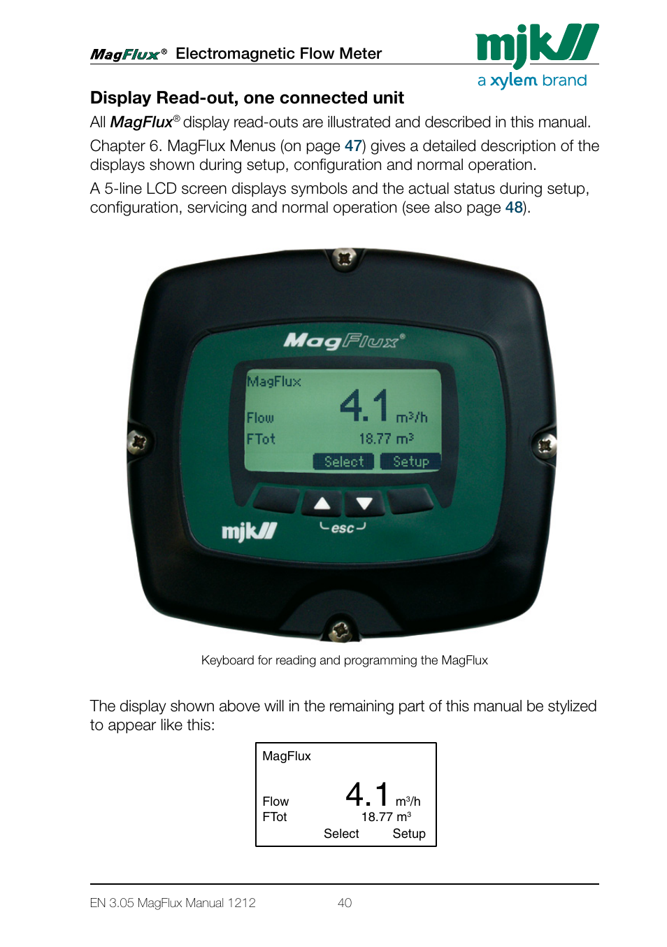 Display read-out, one connected unit | Xylem Magflux Electromagnetic Flow Meter User Manual | Page 40 / 150