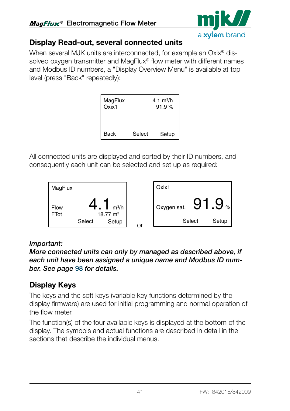 Display read-out, several connected units, Display keys | Xylem Magflux Electromagnetic Flow Meter User Manual | Page 41 / 150