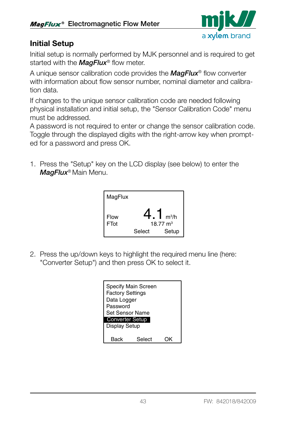 Initial setup | Xylem Magflux Electromagnetic Flow Meter User Manual | Page 43 / 150