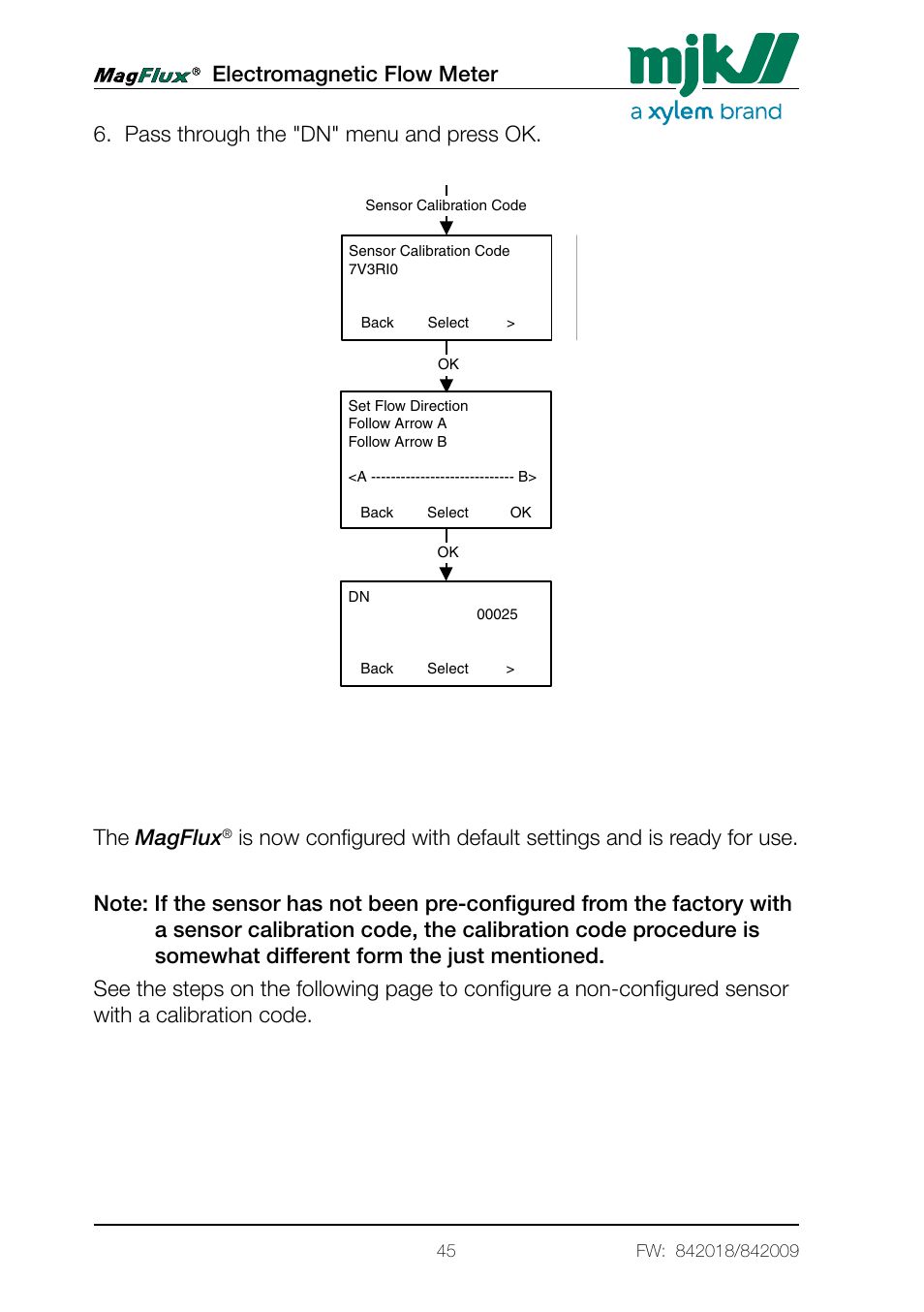 Electromagnetic flow meter, Pass through the "dn" menu and press ok, Menu system for magflux converter converter setup | The magflux | Xylem Magflux Electromagnetic Flow Meter User Manual | Page 45 / 150