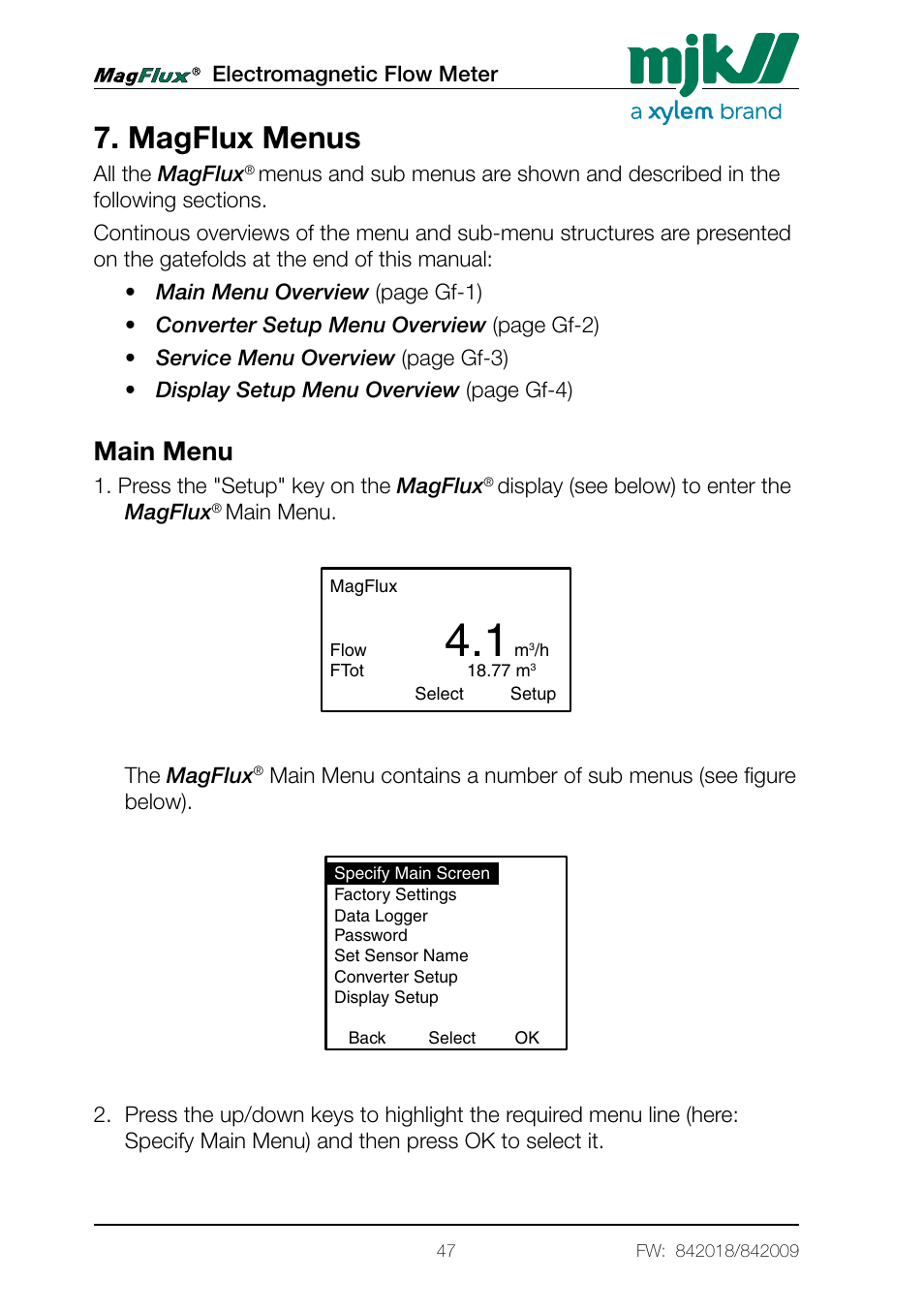 Magflux menus, Main menu | Xylem Magflux Electromagnetic Flow Meter User Manual | Page 47 / 150