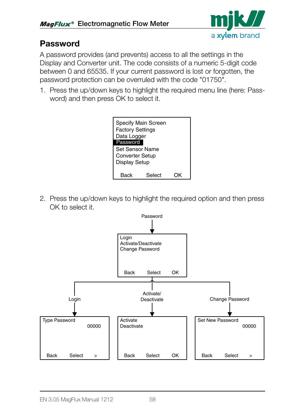 Password, Electromagnetic flow meter | Xylem Magflux Electromagnetic Flow Meter User Manual | Page 58 / 150
