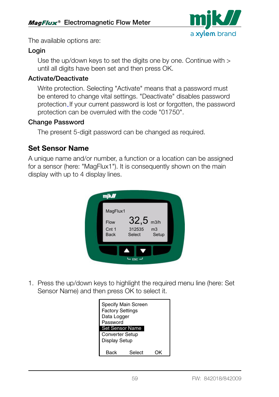 Set sensor name | Xylem Magflux Electromagnetic Flow Meter User Manual | Page 59 / 150