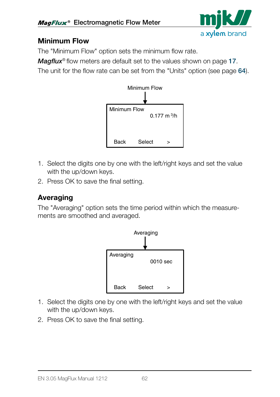 Minimum flow averaging, Menu system for magflux converter converter setup, Minimum flow | Averaging, Electromagnetic flow meter | Xylem Magflux Electromagnetic Flow Meter User Manual | Page 62 / 150