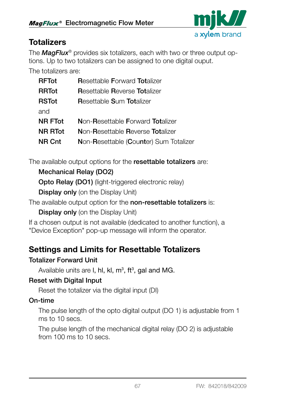 Totalizers, Settings and limits for resettable totalizers | Xylem Magflux Electromagnetic Flow Meter User Manual | Page 67 / 150