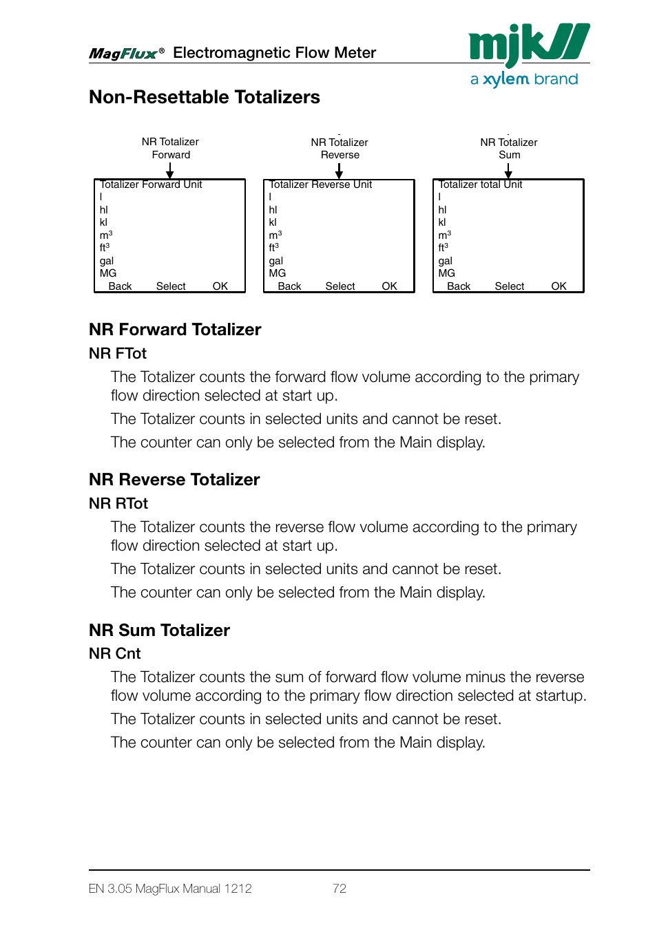 Non-resettable totalizers, Nr forward totalizer, Nr reverse totalizer | Nr sum totalizer, Electromagnetic flow meter, Menu system for magflux converter converter setup | Xylem Magflux Electromagnetic Flow Meter User Manual | Page 72 / 150