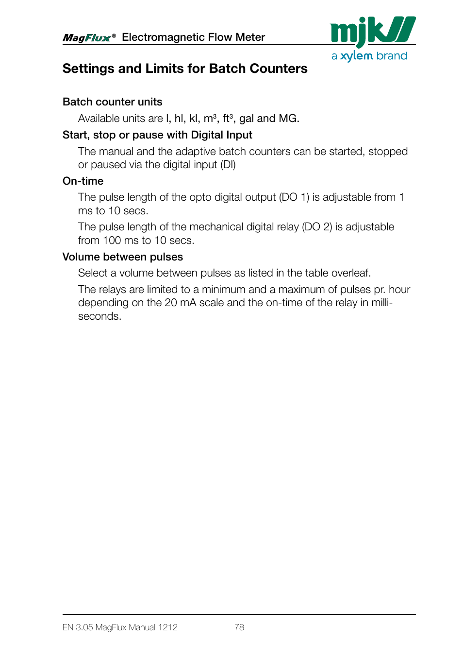 Settings and limits for batch counters | Xylem Magflux Electromagnetic Flow Meter User Manual | Page 78 / 150