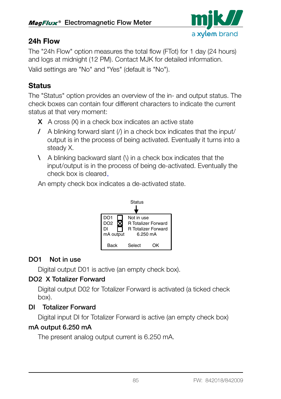 24h flow status, 24h flow, Status | Electromagnetic flow meter, Menu system for magflux converter konverter setup | Xylem Magflux Electromagnetic Flow Meter User Manual | Page 85 / 150