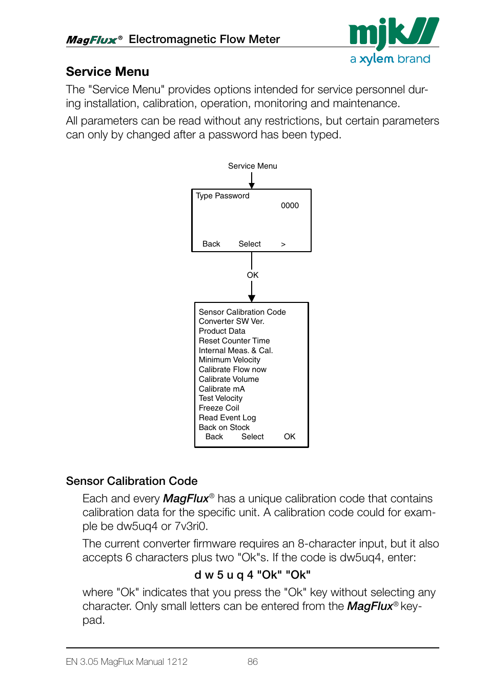 Service menu, Electromagnetic flow meter, Menu system for magflux converter konverter setup | Sensor calibration code each and every magflux, Key- pad | Xylem Magflux Electromagnetic Flow Meter User Manual | Page 86 / 150
