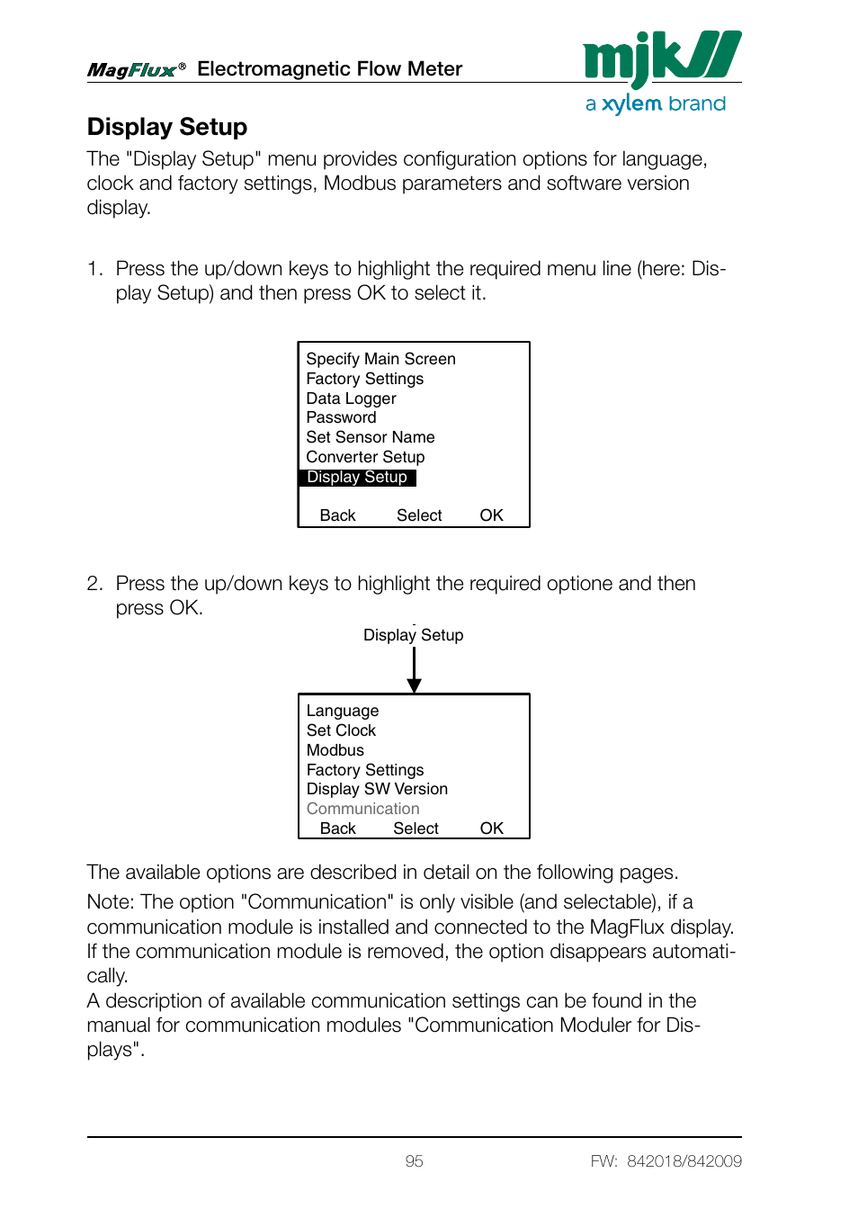 Display setup | Xylem Magflux Electromagnetic Flow Meter User Manual | Page 95 / 150