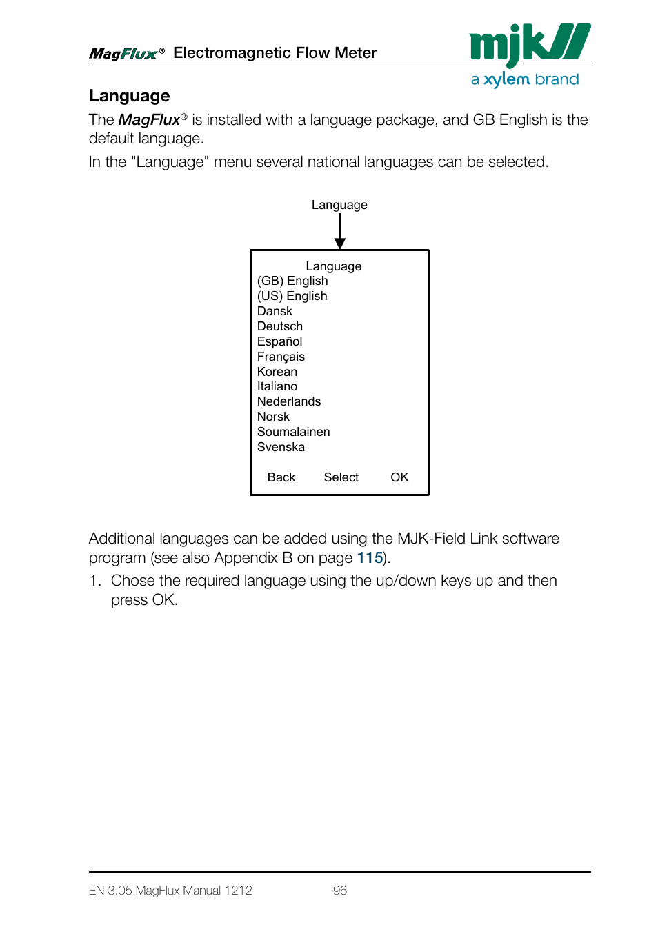 Language | Xylem Magflux Electromagnetic Flow Meter User Manual | Page 96 / 150