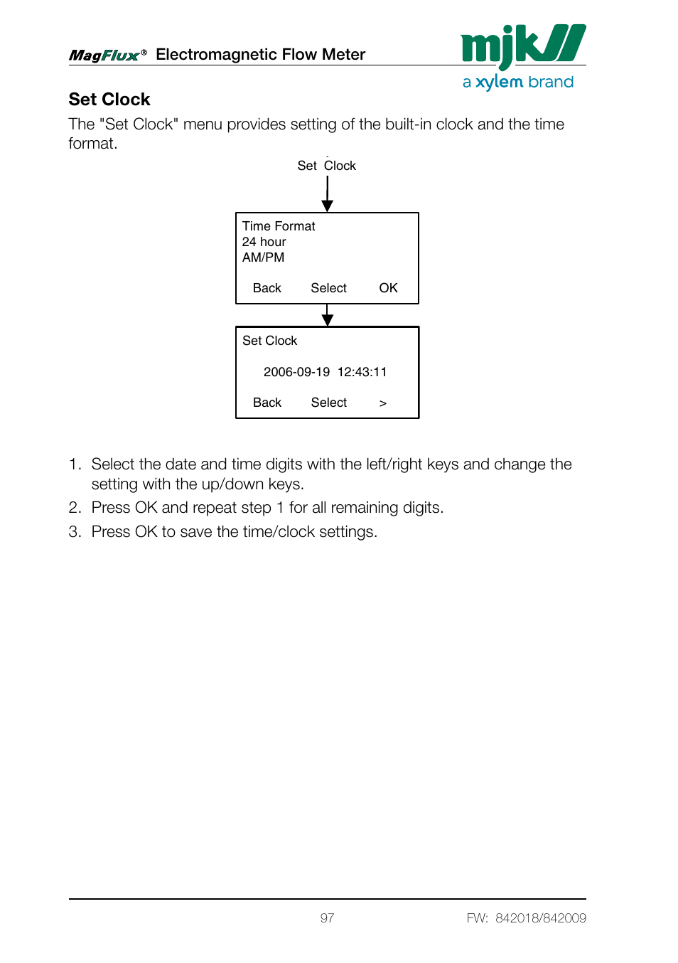 Set clock | Xylem Magflux Electromagnetic Flow Meter User Manual | Page 97 / 150