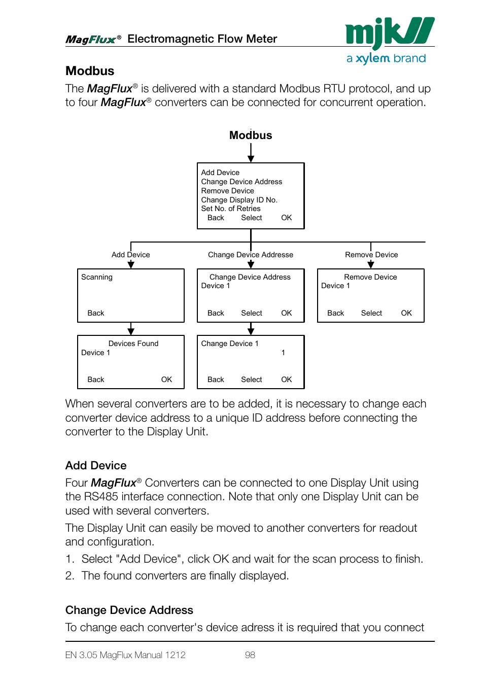 Modbus, Electromagnetic flow meter, The magflux | Set clock language modbus display sw version, Factory settings display setup | Xylem Magflux Electromagnetic Flow Meter User Manual | Page 98 / 150