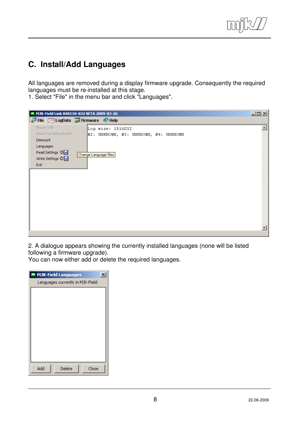 C. install/add languages | Xylem MagFlux Day flow logger function User Manual | Page 8 / 19