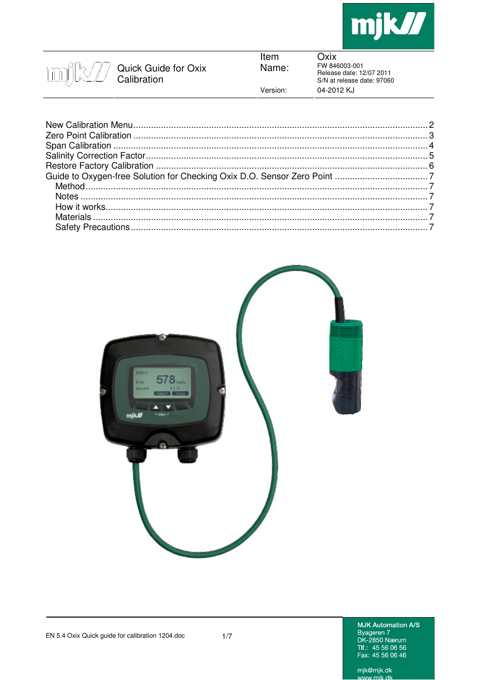 Xylem Oxix Calibration User Manual | 7 pages
