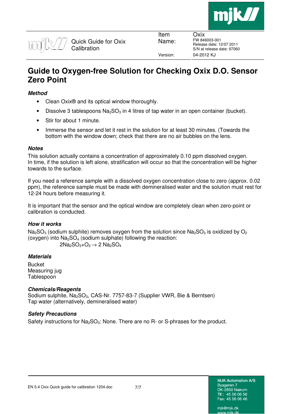 Item oxix name, Quick guide for oxix calibration | Xylem Oxix Calibration User Manual | Page 7 / 7